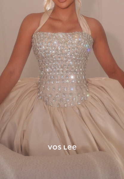 Crystal Beaded Halter Ball Gown with Shawl