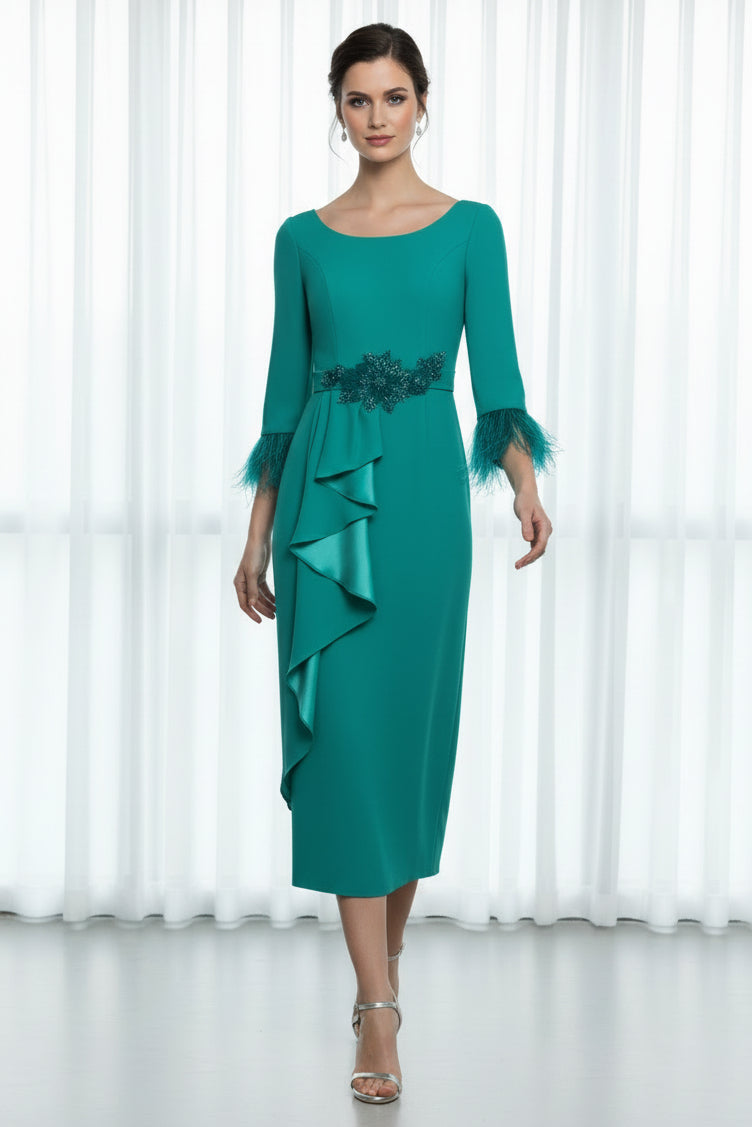 Feather Cuff Ruffle Midi Dress