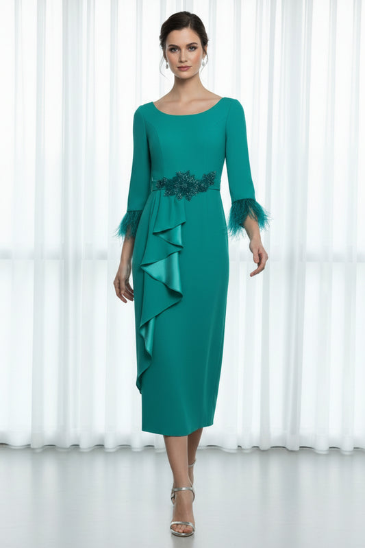 Feather Cuff Ruffle Midi Dress
