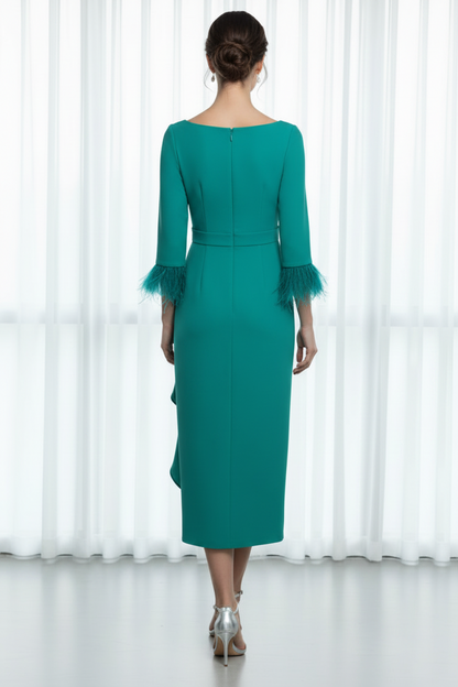 Feather Cuff Ruffle Midi Dress