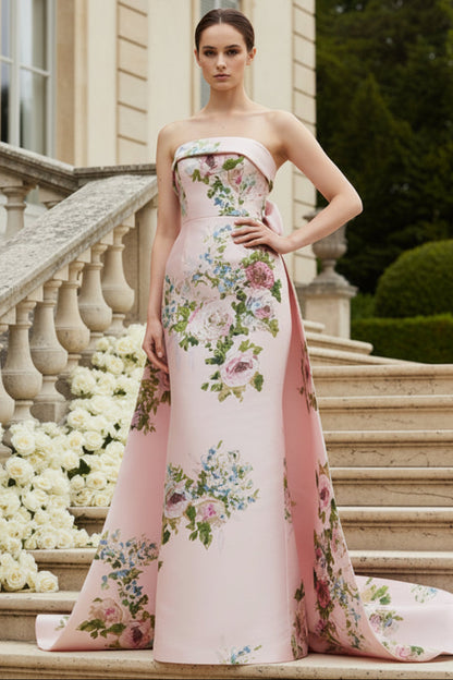 Strapless Floral Print Column Gown with Back Bow
