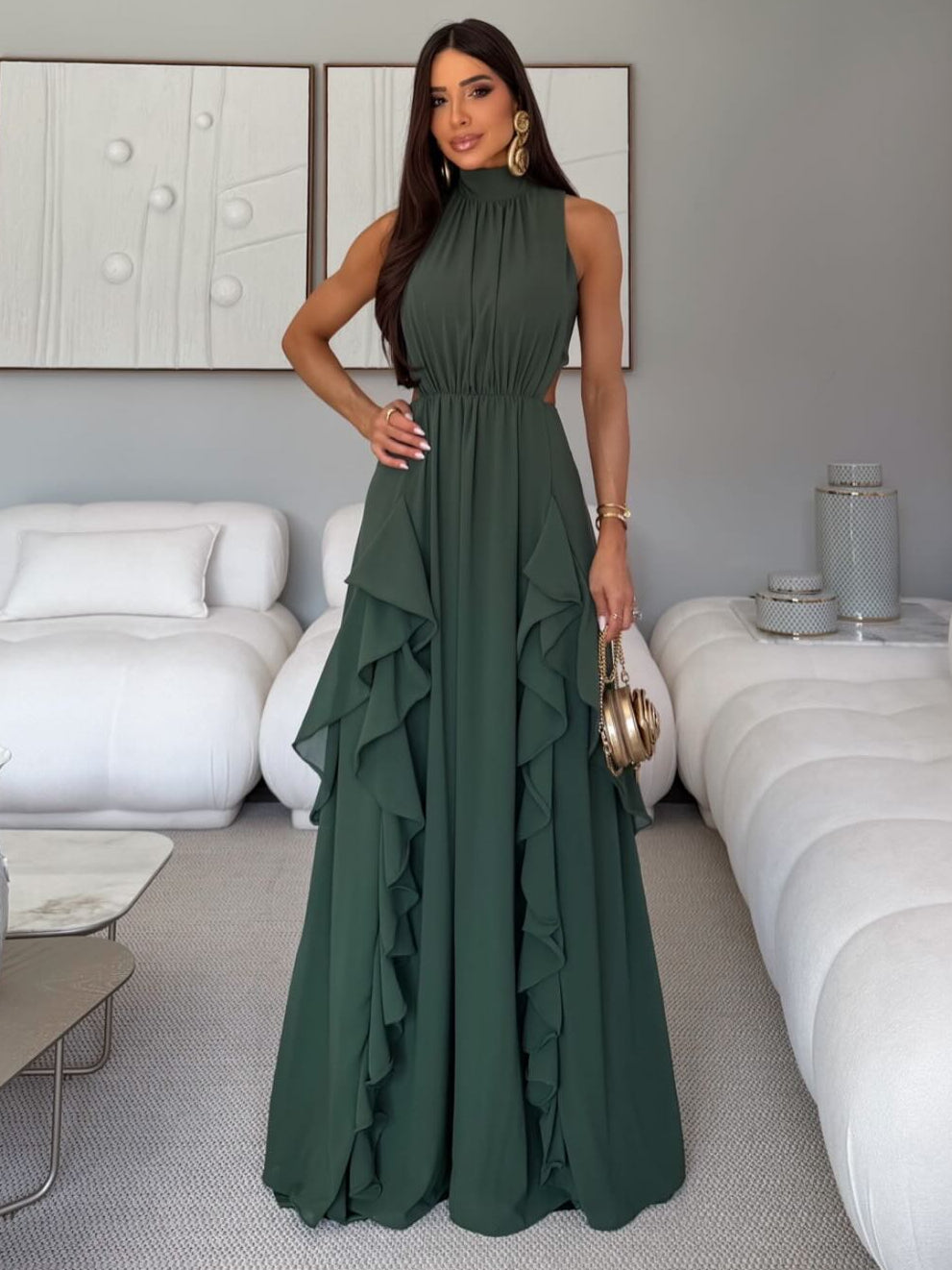 High-Neck Ruffle Backless Chiffon Maxi Dress