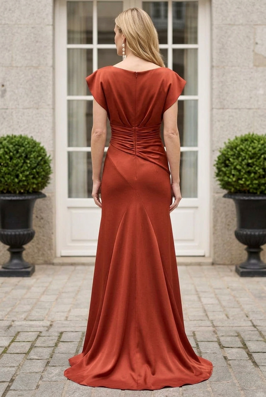 Draped Cap Sleeve Gown with Floral Waist Detail