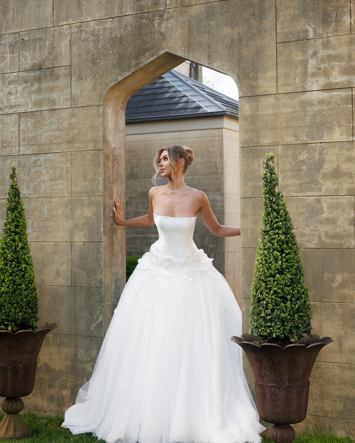 Strapless Corset Ball Gown Wedding Dress with 3D Flowers