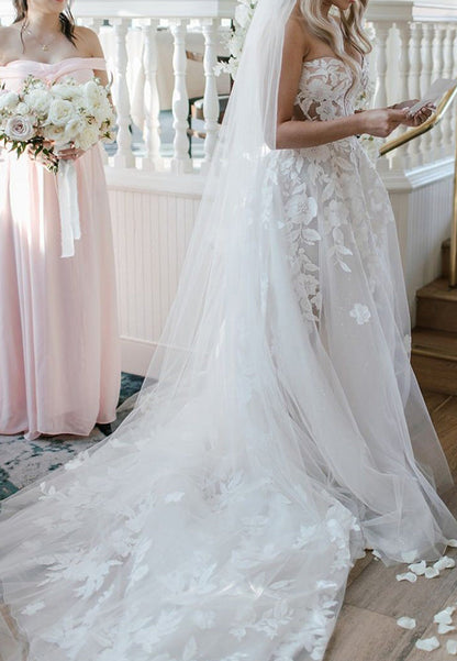 Strapless Floral Lace A-Line Wedding Dress with Slit
