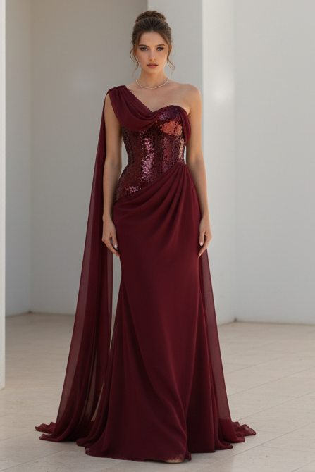 One-Shoulder Sequin Corset Evening Gown with Cape