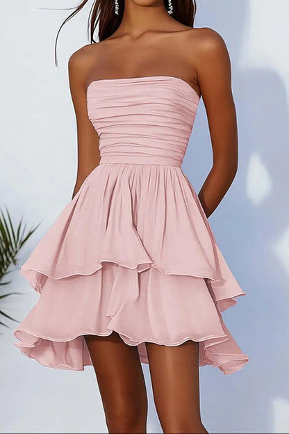 Strapless Ruched Tiered Ruffle Mini Dress