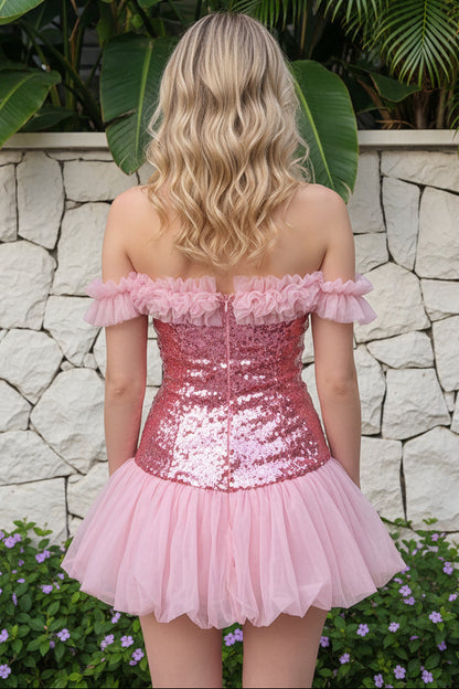 Sequin Corset Mini Dress with Tulle Ruffle Trim