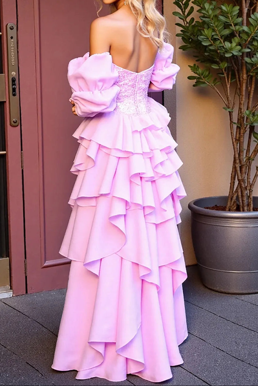 Off Shoulder Sequin Corset Tiered Ruffle Gown