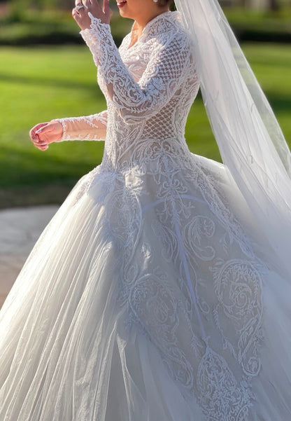 Embroidered Ball Gown Wedding Dress with Long Sleeves