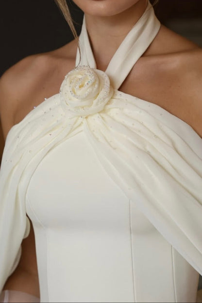 Halter Mini Dress with Rosette and Draped Cape