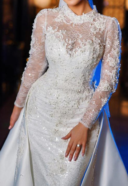 Lace High Neck Wedding Dress with Overskirt
