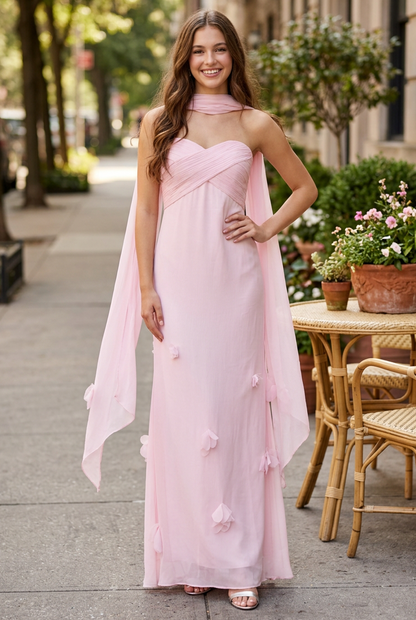 Strapless Pleated Gown with Matching Neck Scarf