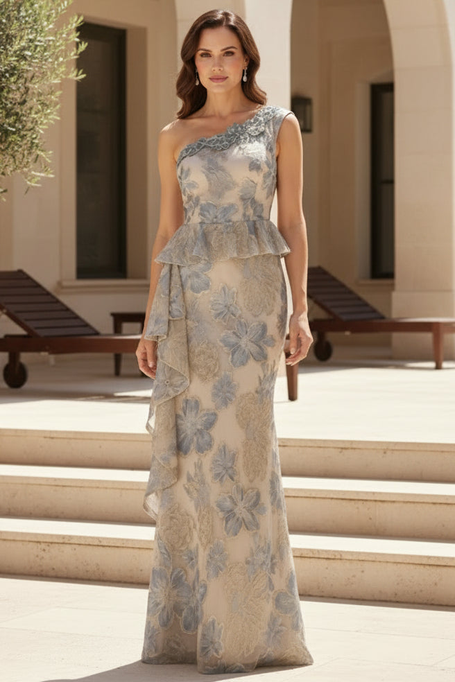 One-Shoulder Peplum Floral Jacquard Evening Gown
