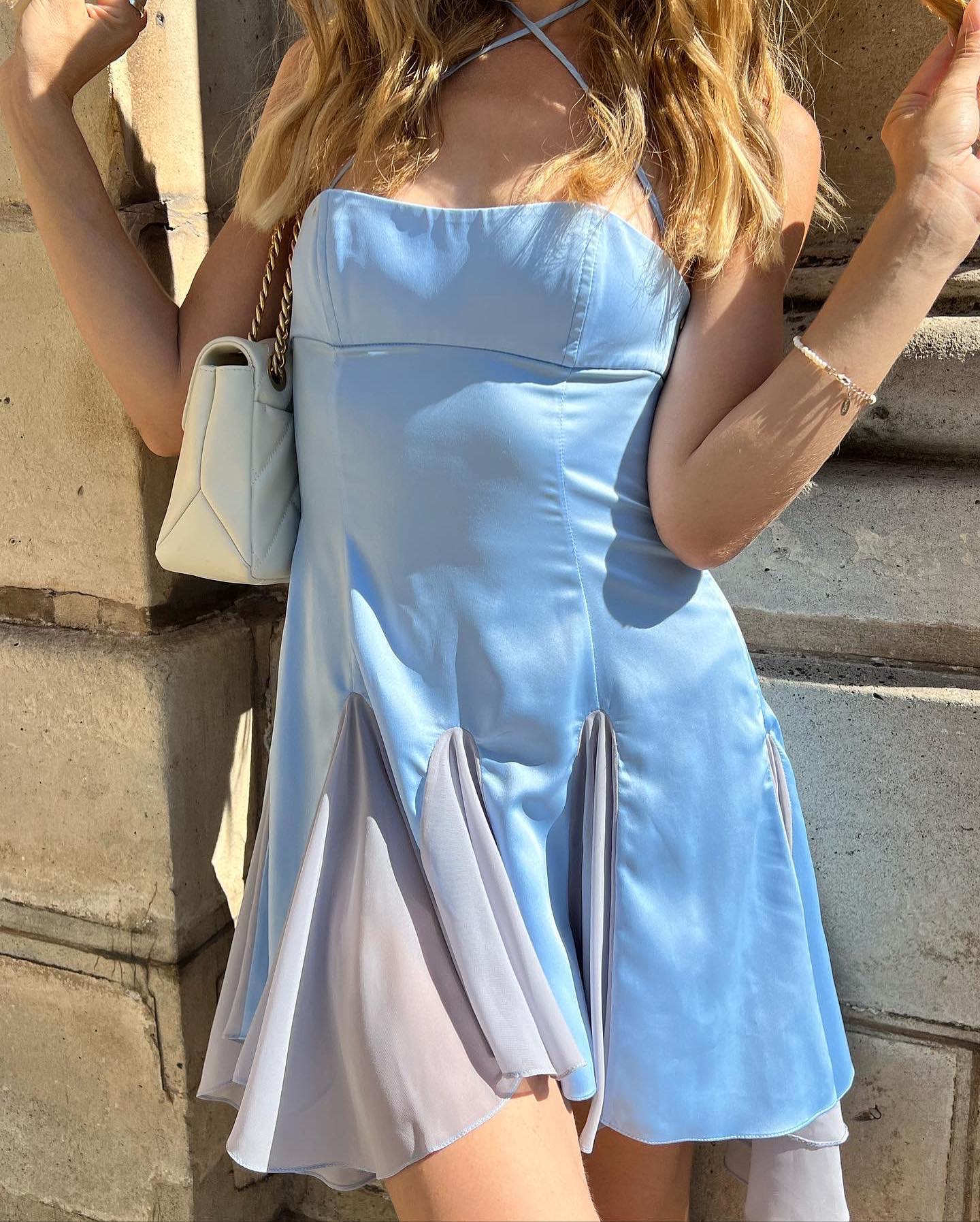 Two-Tone Satin Mini Dress with Handkerchief Hem