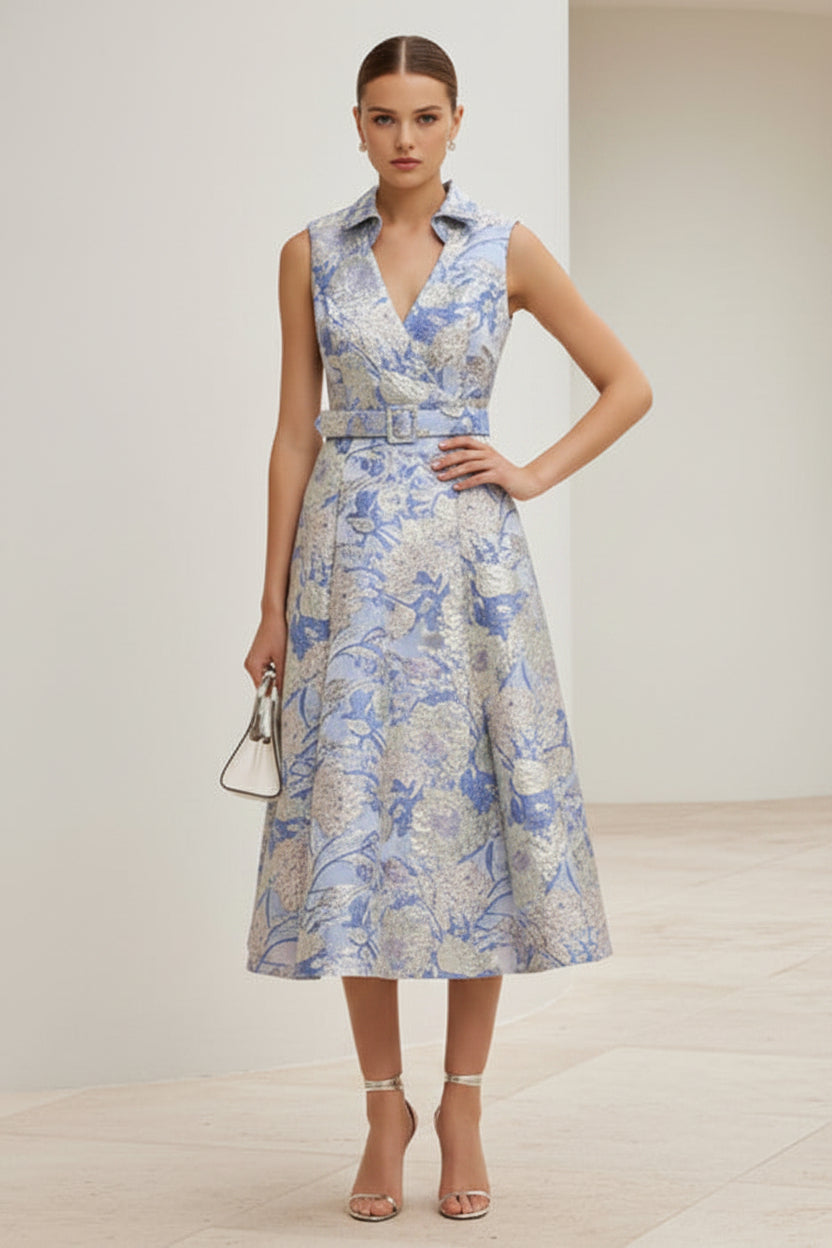 Sleeveless Metallic Jacquard A-Line Midi Dress