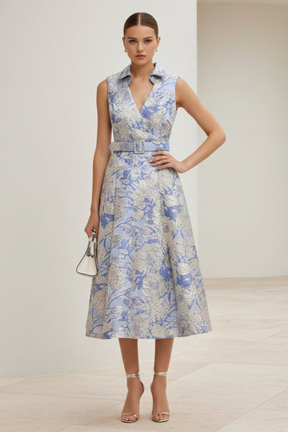 Sleeveless Metallic Jacquard A-Line Midi Dress