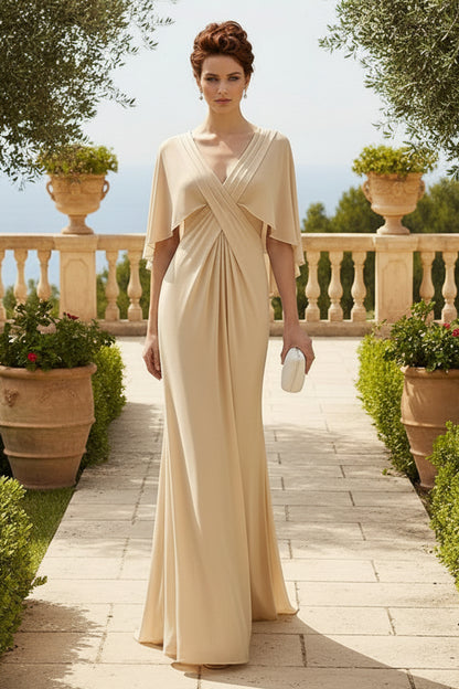 Cape Sleeve Pleated V-Neck Column Gown