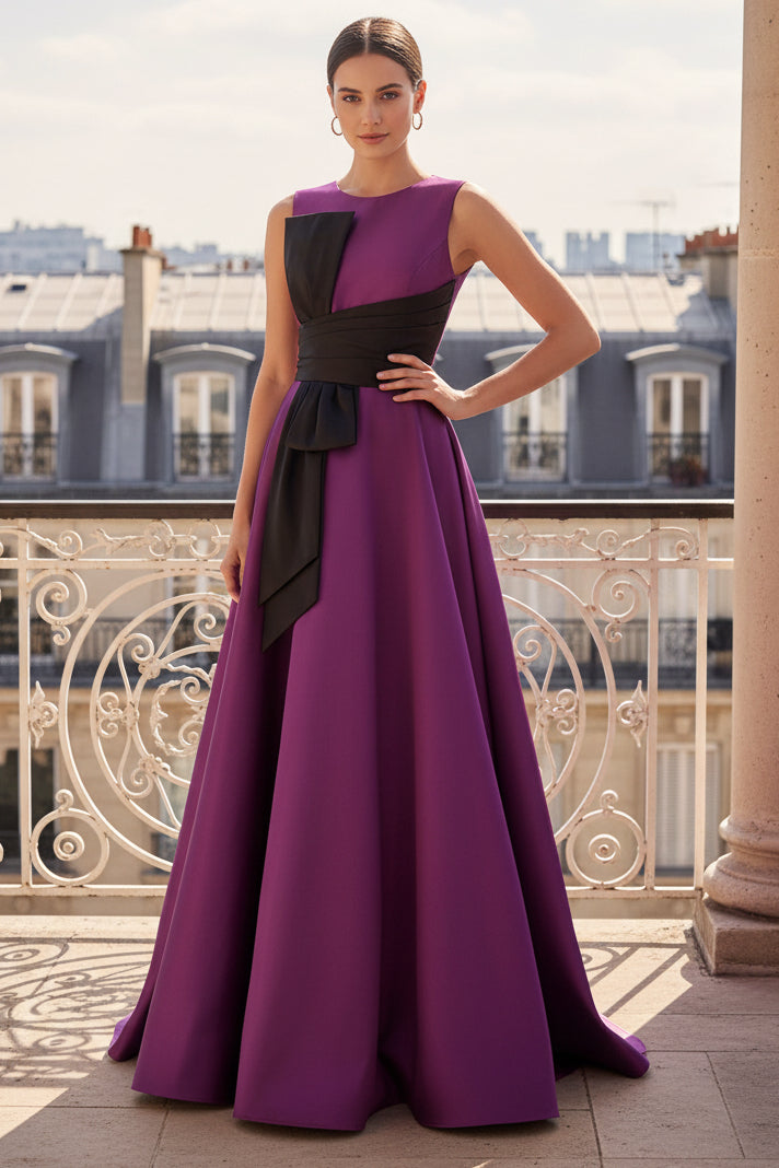 Satin Bateau Neck A-Line Gown with Contrast Sash