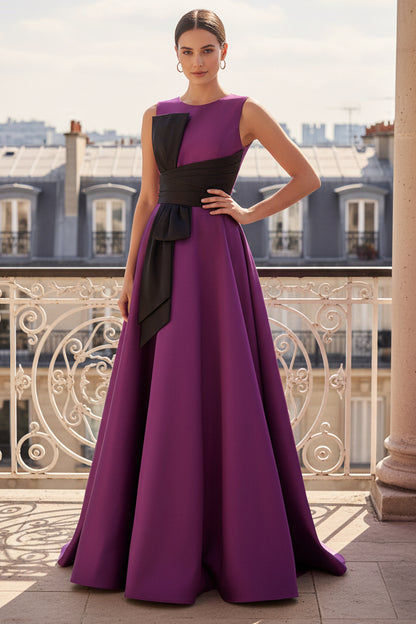 Satin Bateau Neck A-Line Gown with Contrast Sash