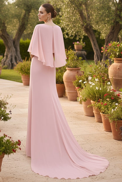Cape Sleeve Pleated V-Neck Column Gown