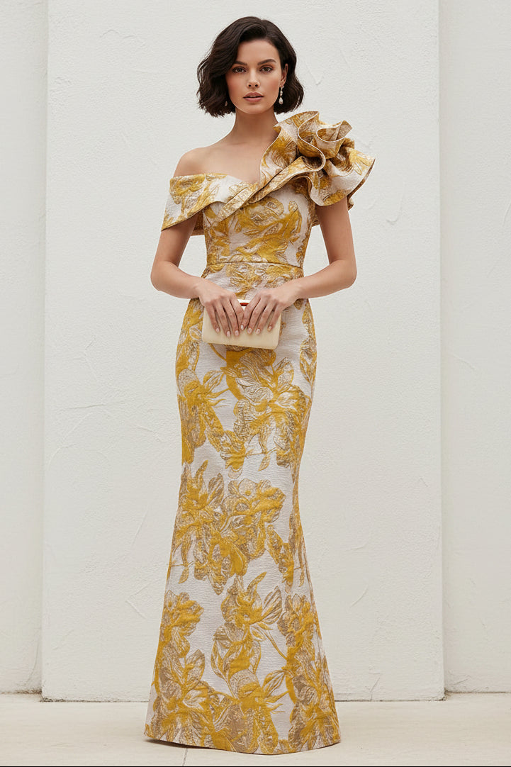 One-Shoulder Metallic Jacquard Column Evening Gown