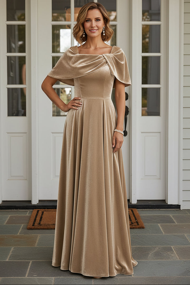 Velvet Capelet Evening Gown with Beaded Straps