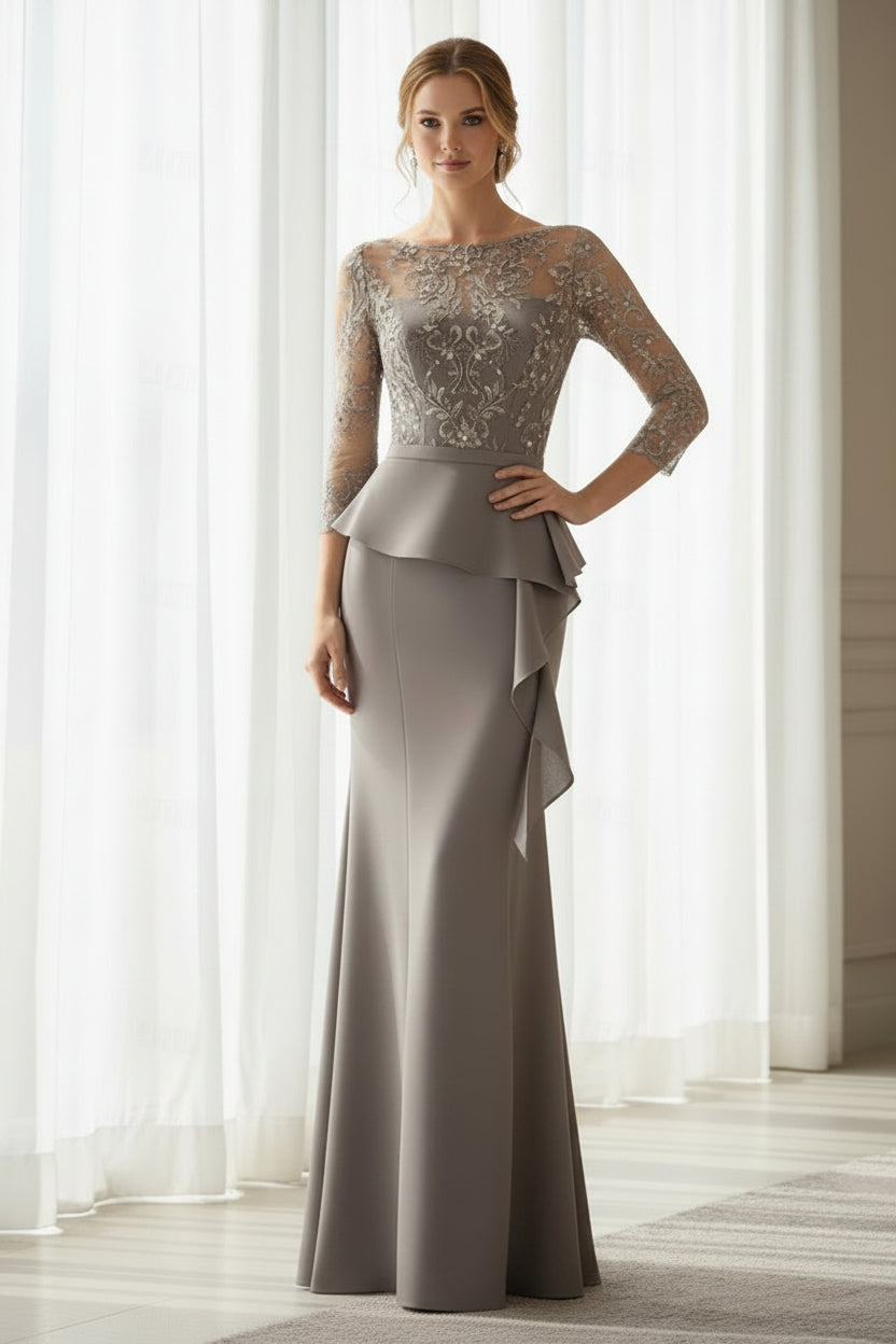 Illusion Lace Peplum Evening Gown