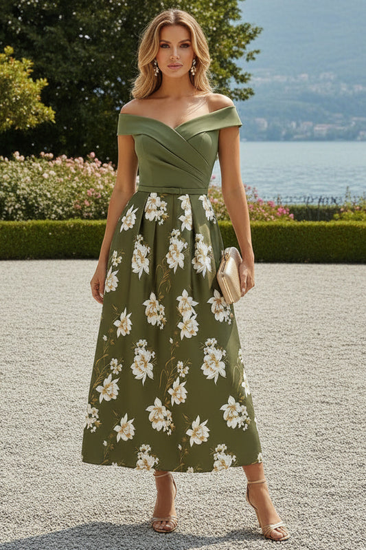 Floral Off-the-Shoulder Tea-Length A-Line Dress