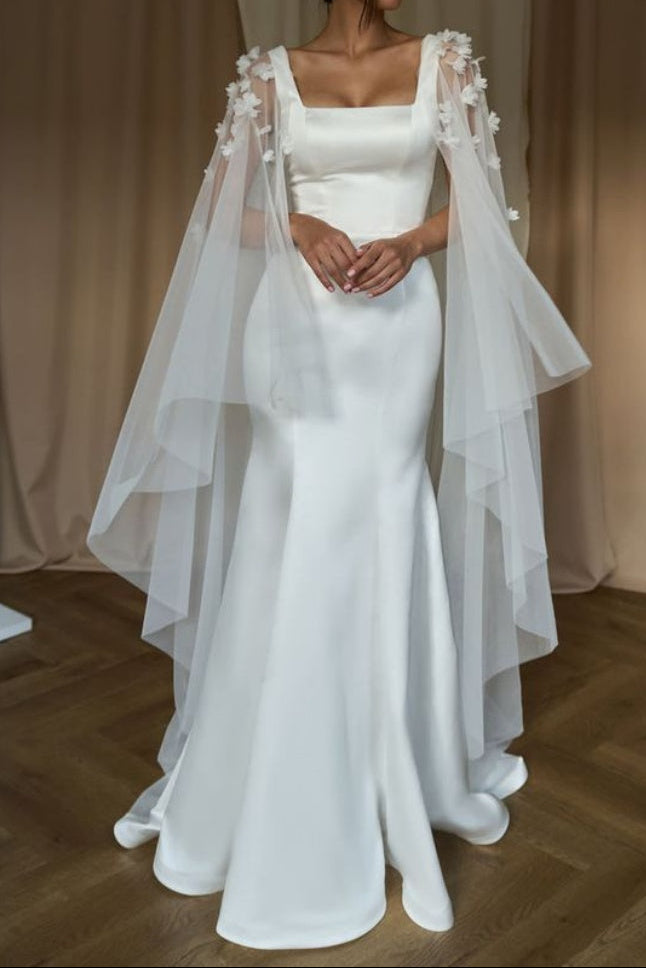 Square Neck Mermaid Wedding Dress with 3D Floral Cape