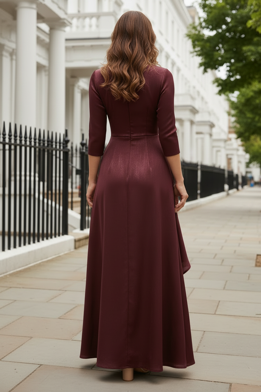 3/4 Sleeve Wrap V-Neck Cascading Ruffle Gown