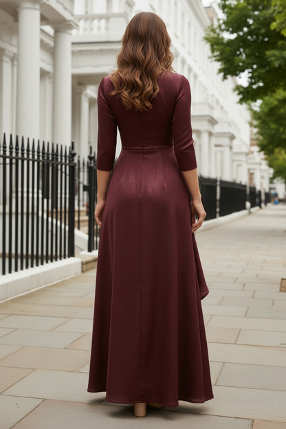3/4 Sleeve Wrap V-Neck Cascading Ruffle Gown