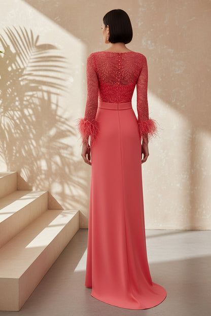Feather Cuff Lace Bodice Evening Gown