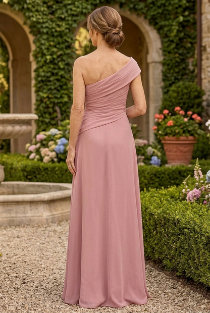 One-Shoulder Ruffled A-Line Gown with Floral Appliques