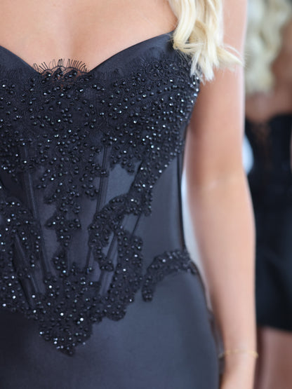 Strapless Beaded Corset Mini Dress with Lace-Up