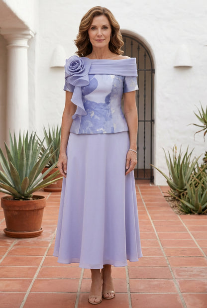 Off-the-Shoulder Floral Appliqué Midi Dress