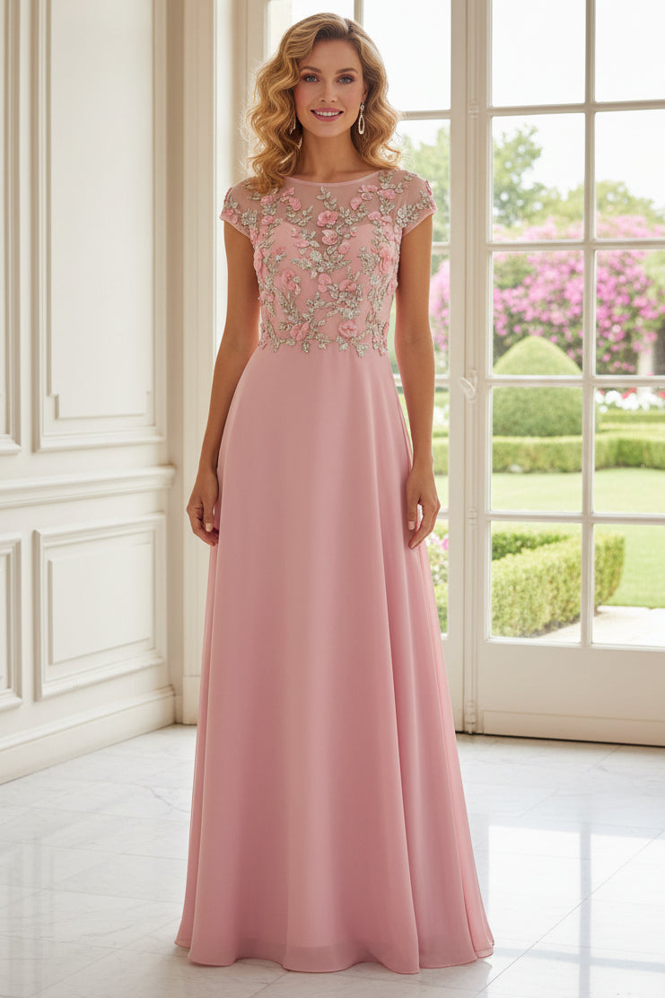 A-Line Chiffon Gown with 3D Floral Embroidery