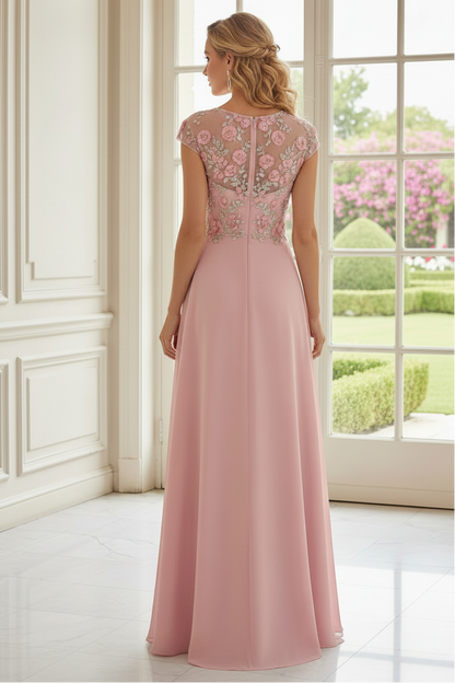 A-Line Chiffon Gown with 3D Floral Embroidery