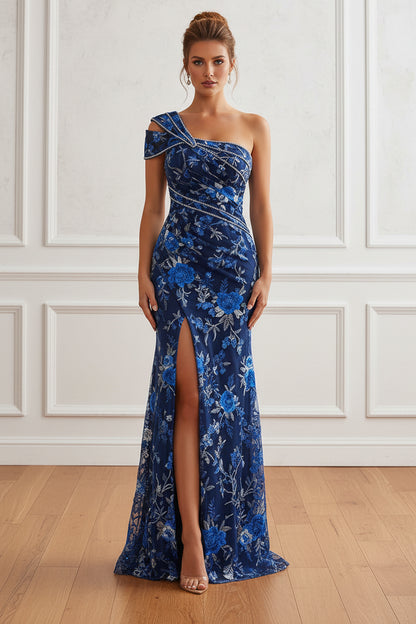 One-Shoulder Floral Embroidered Gown