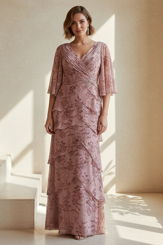 V-Neck Tiered Floral Chiffon Evening Gown