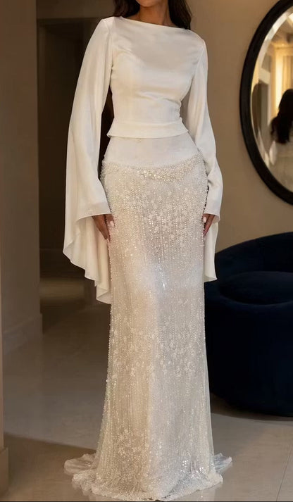 Bateau Neck Bell Sleeve Gown with Beaded Skirt