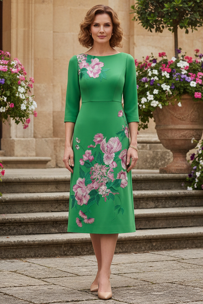 Embroidered Floral Midi Dress with 3/4 Sleeves