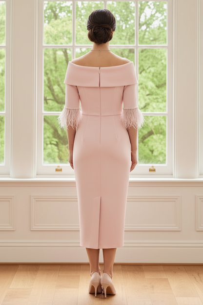 Off-the-Shoulder Feather Cuff Crepe Midi Dress