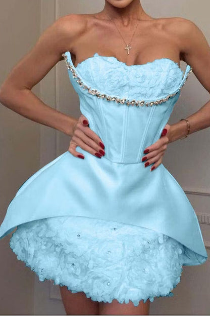 Strapless Corset Mini Dress with 3D Floral Skirt