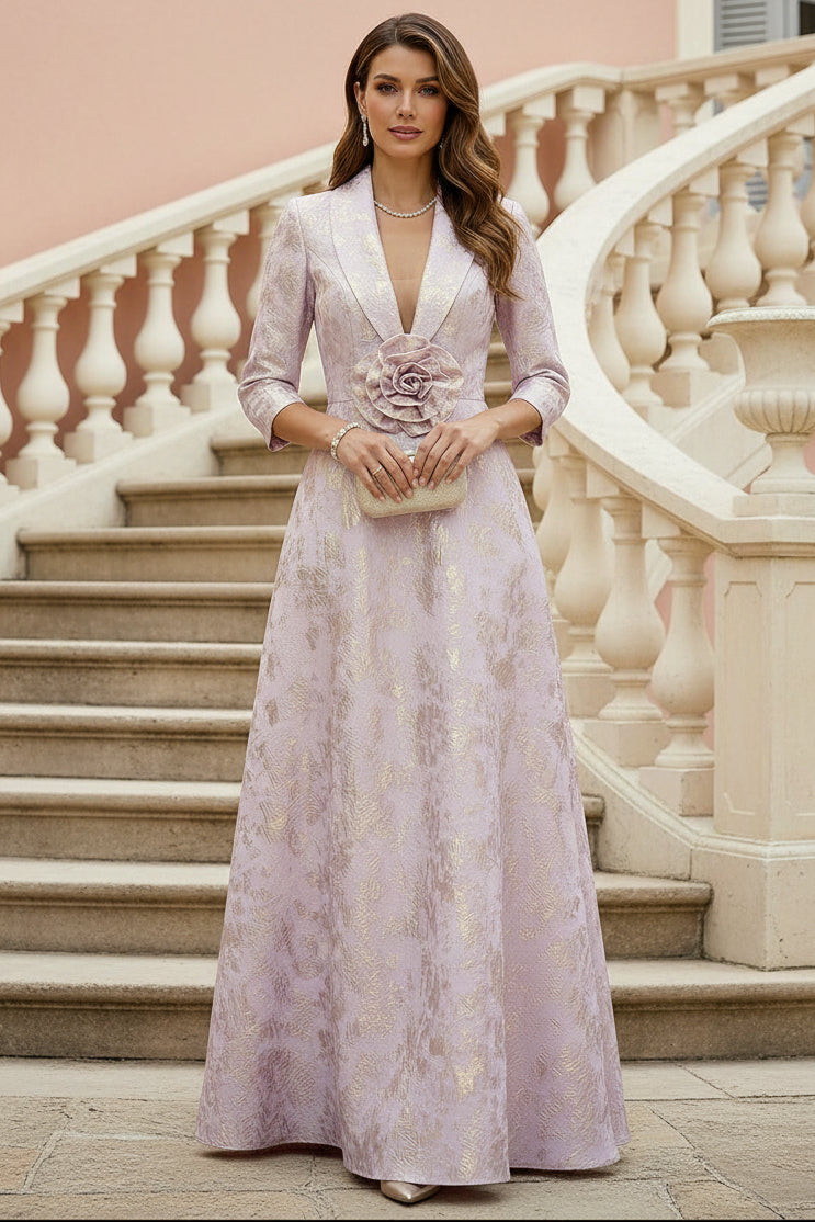 Jacquard A-Line Evening Gown with 3D Flower