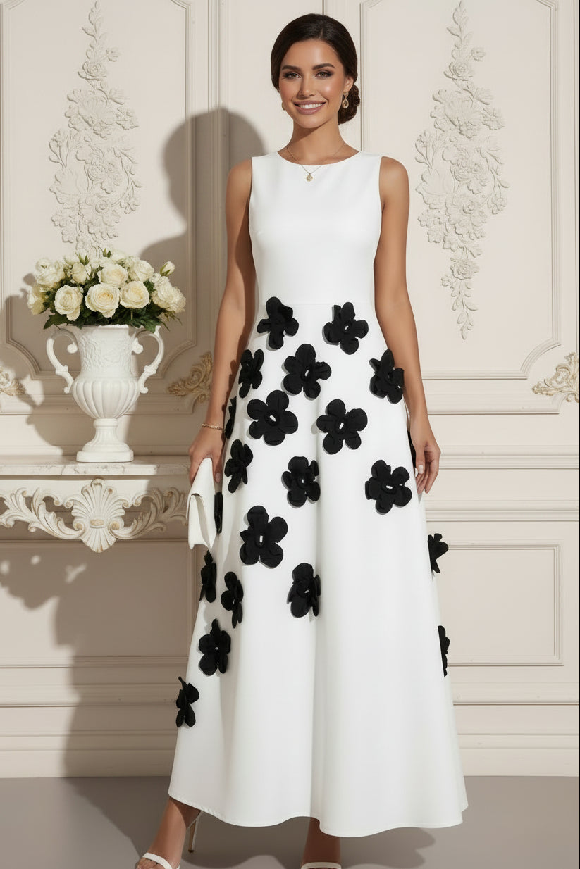 Sleeveless A-Line Maxi Dress with 3D Floral Appliques