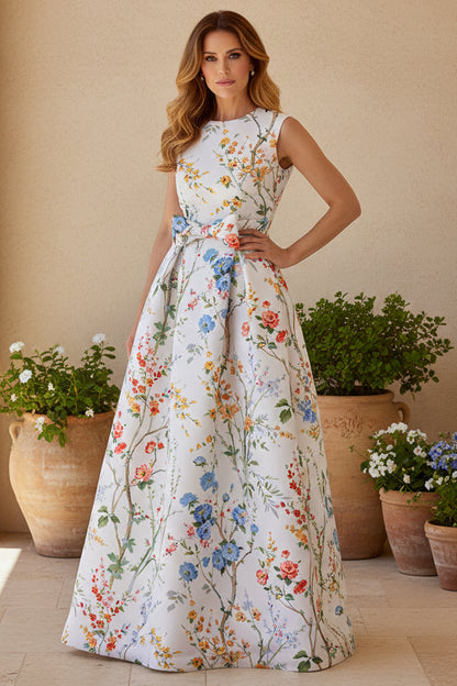 Floral Print Sleeveless Pleated Gown with Bow