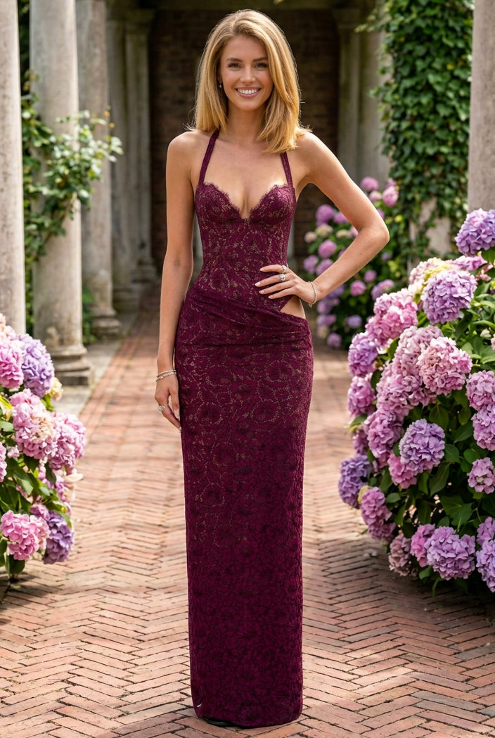 Lace Halter Corset Gown with Asymmetric Cutout