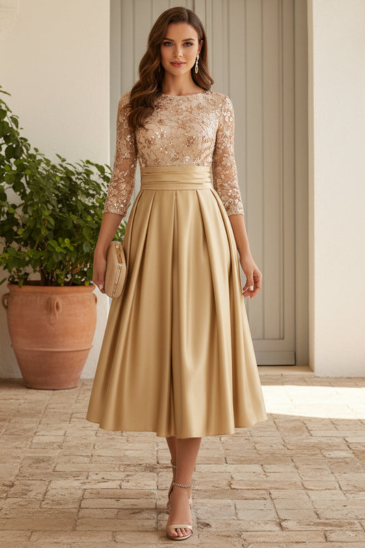 Pleated A-Line Midi Dress with Sequin Bodice