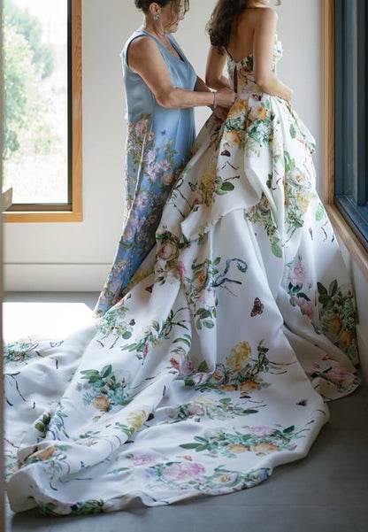Floral Strapless Ball Gown with Draped Skirt